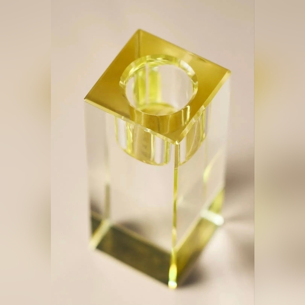Anthropologie Modern Cut Glass Candle Holder in Yellow, NIB.